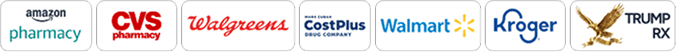 Accepted pharmacies including Amazon Pharmacy, CVS, Walgreens, Cost Plus Drugs, Walmart, Kroger, and Trump Rx