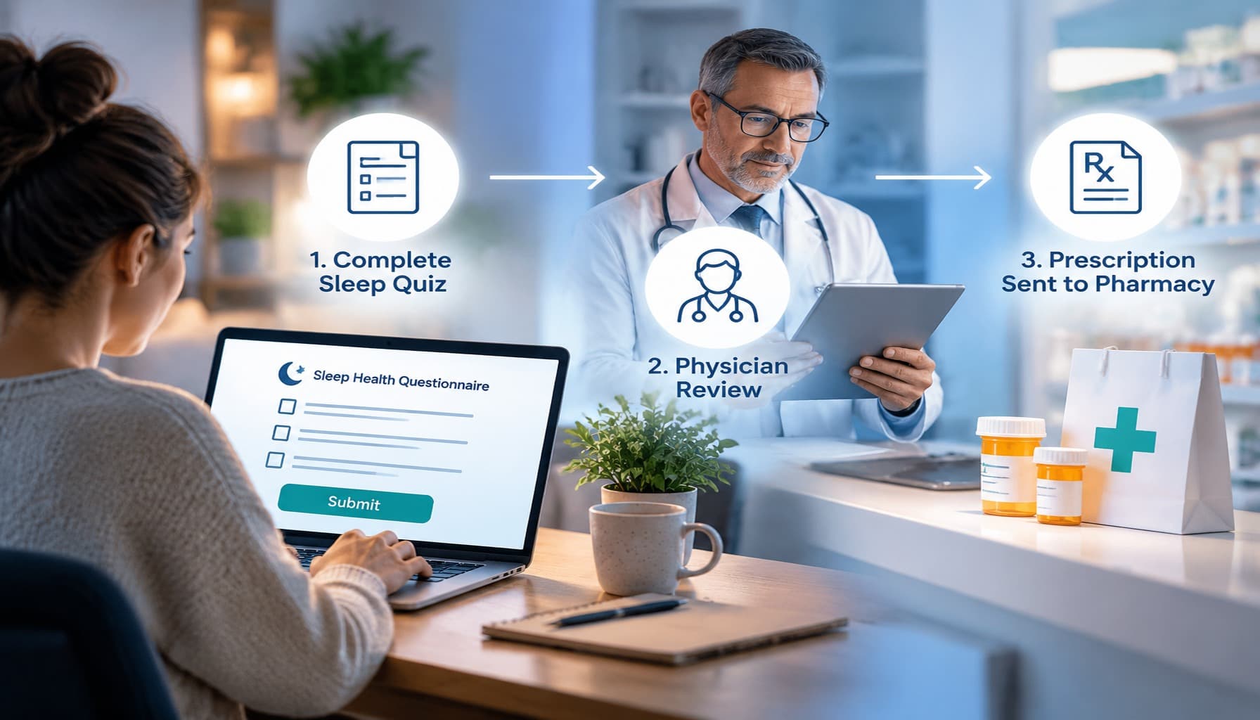 Physician reviewing online sleep quiz with digital care pathway to prescription pharmacy fulfillment.