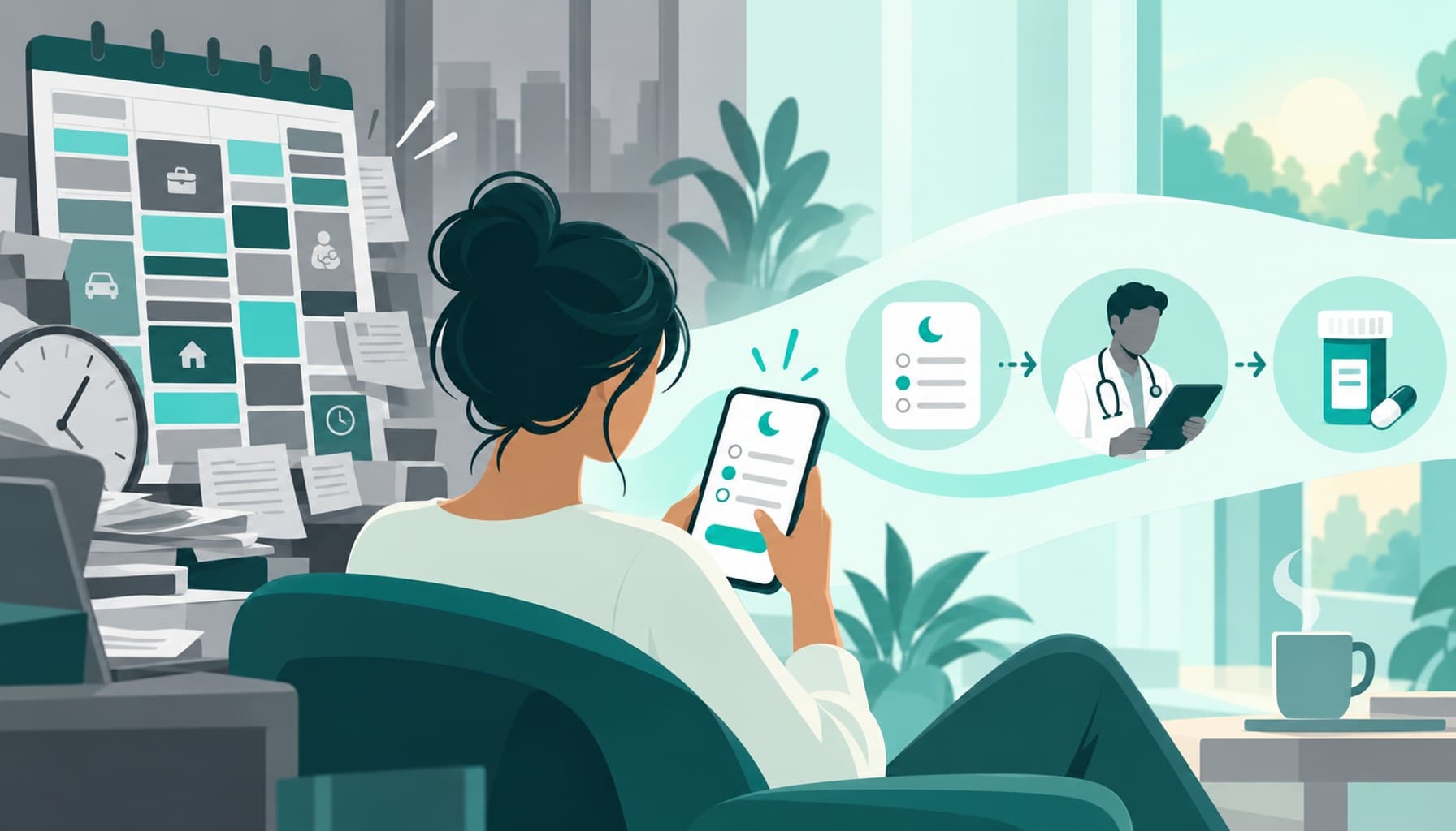 Woman uses a phone as a busy schedule transforms into a simple physician review and prescription workflow.