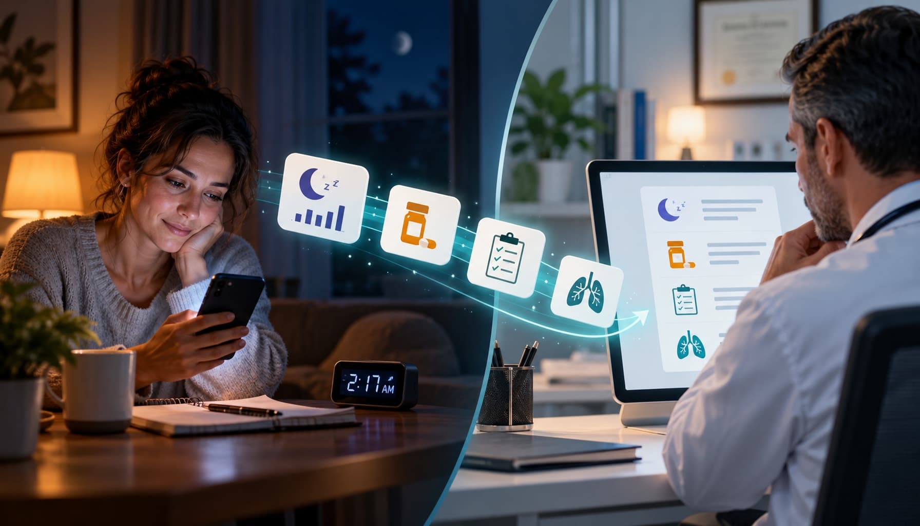 Woman completing an online sleep quiz late at night as a physician reviews her sleep history, medications, and breathing symptoms.