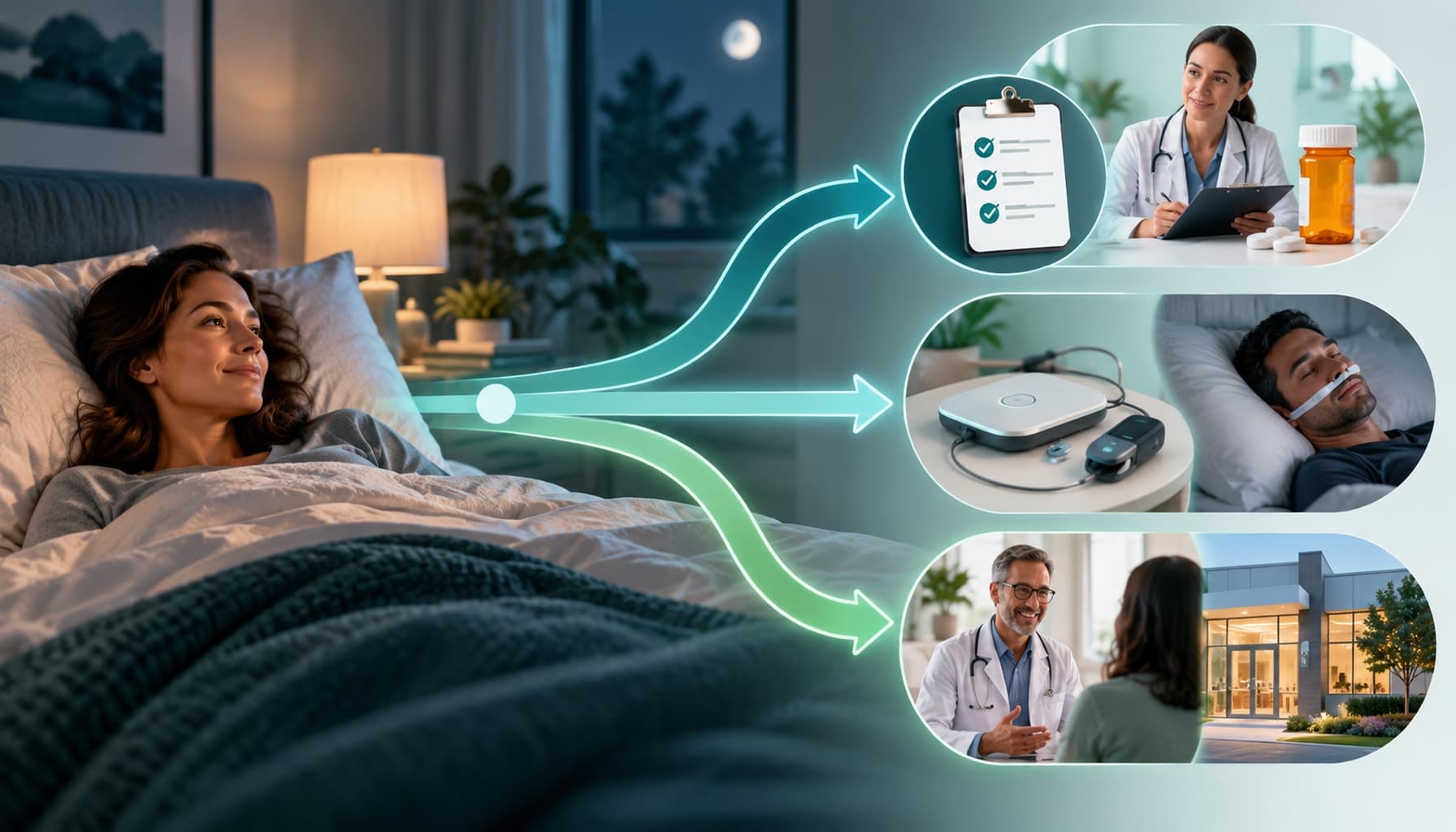 Woman in bed with three glowing paths leading to physician-reviewed sleep medication, home sleep testing, and specialist care.