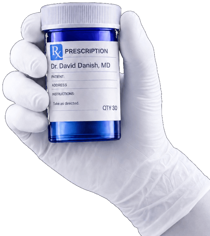 Prescription bottle held by gloved hand