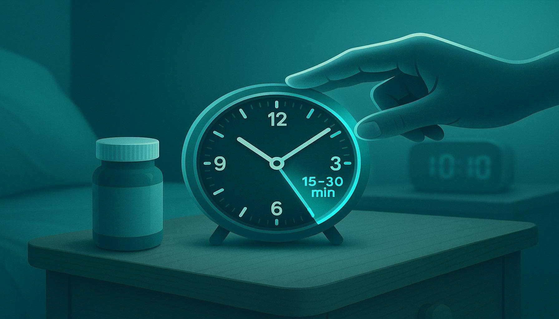 Stylized bedside clock highlighted “15–30 min” as a hand nudges it earlier beside a pill bottle, suggesting a timing tweak.