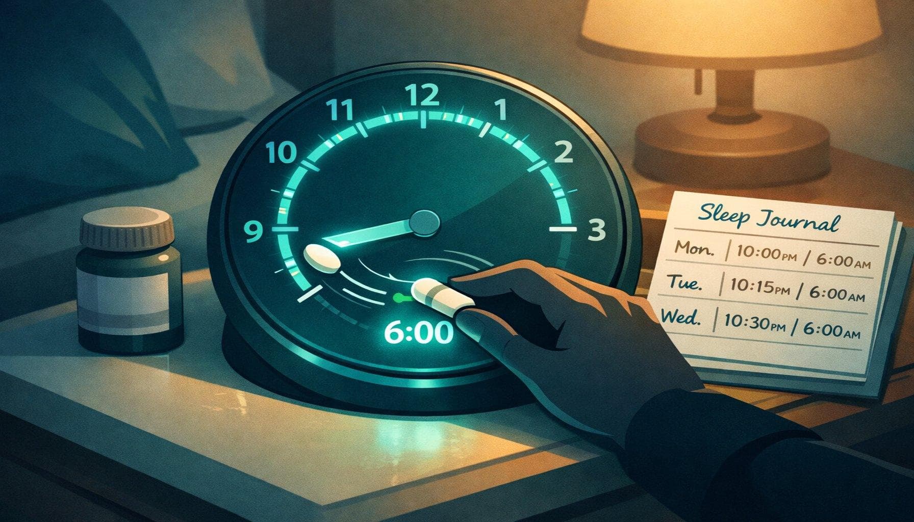 Glowing wake-time compass (6:00) on a nightstand; hand slides a pill token; pill bottle and 3-day planner beside it.
