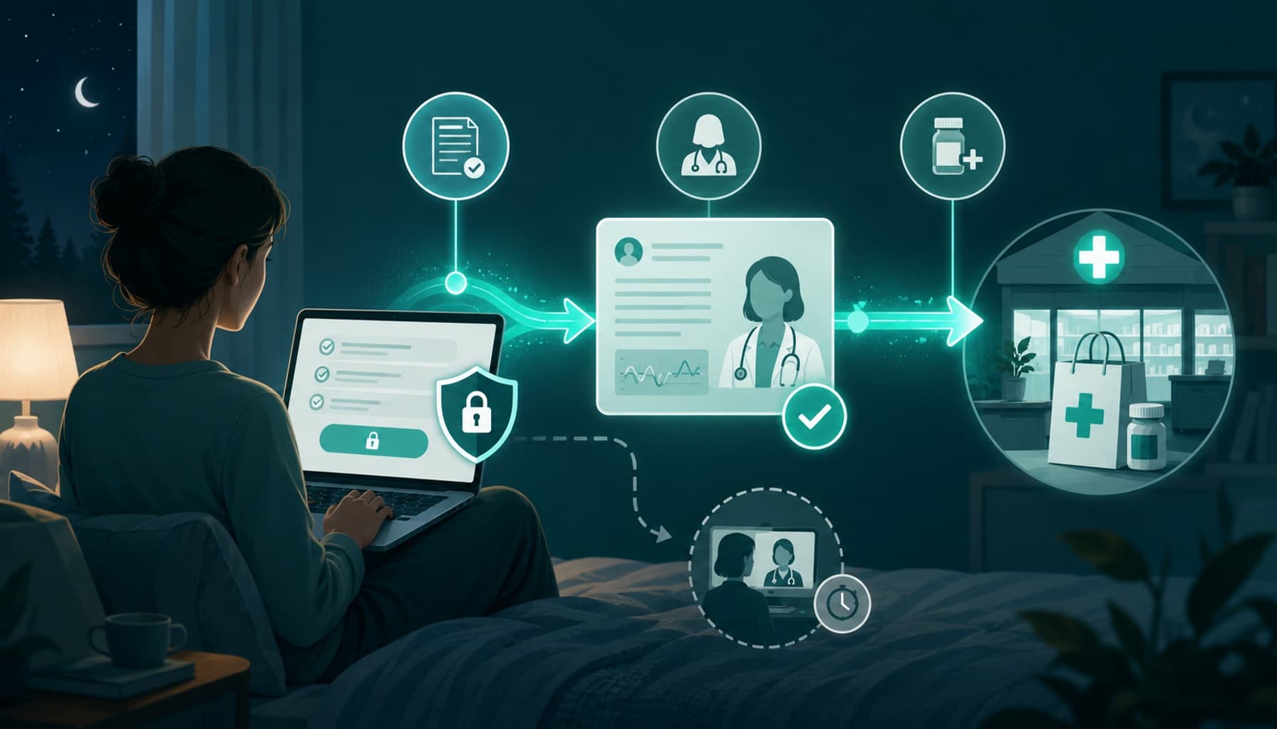 Woman completes secure online sleep intake as a clinician reviews her case before prescription pickup at a pharmacy.