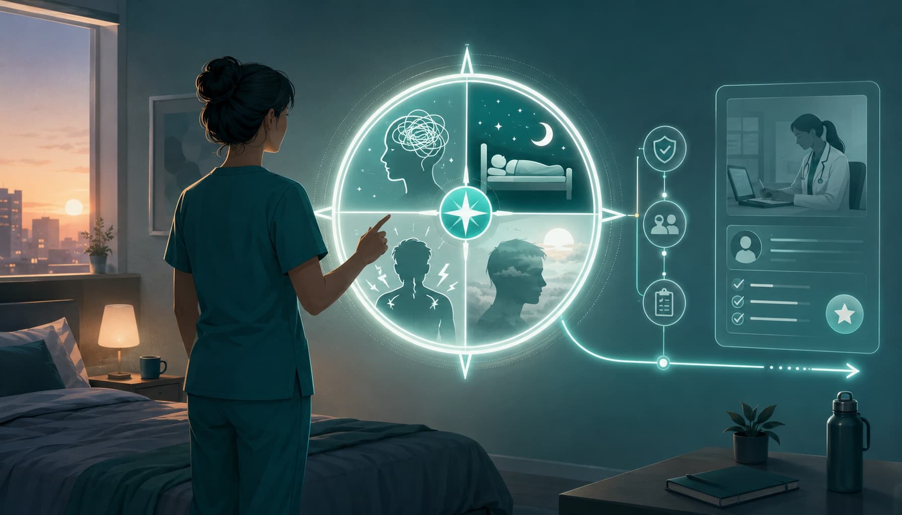 Night-shift worker points to a sleep pattern compass showing post-shift sleep barriers and clinician review.