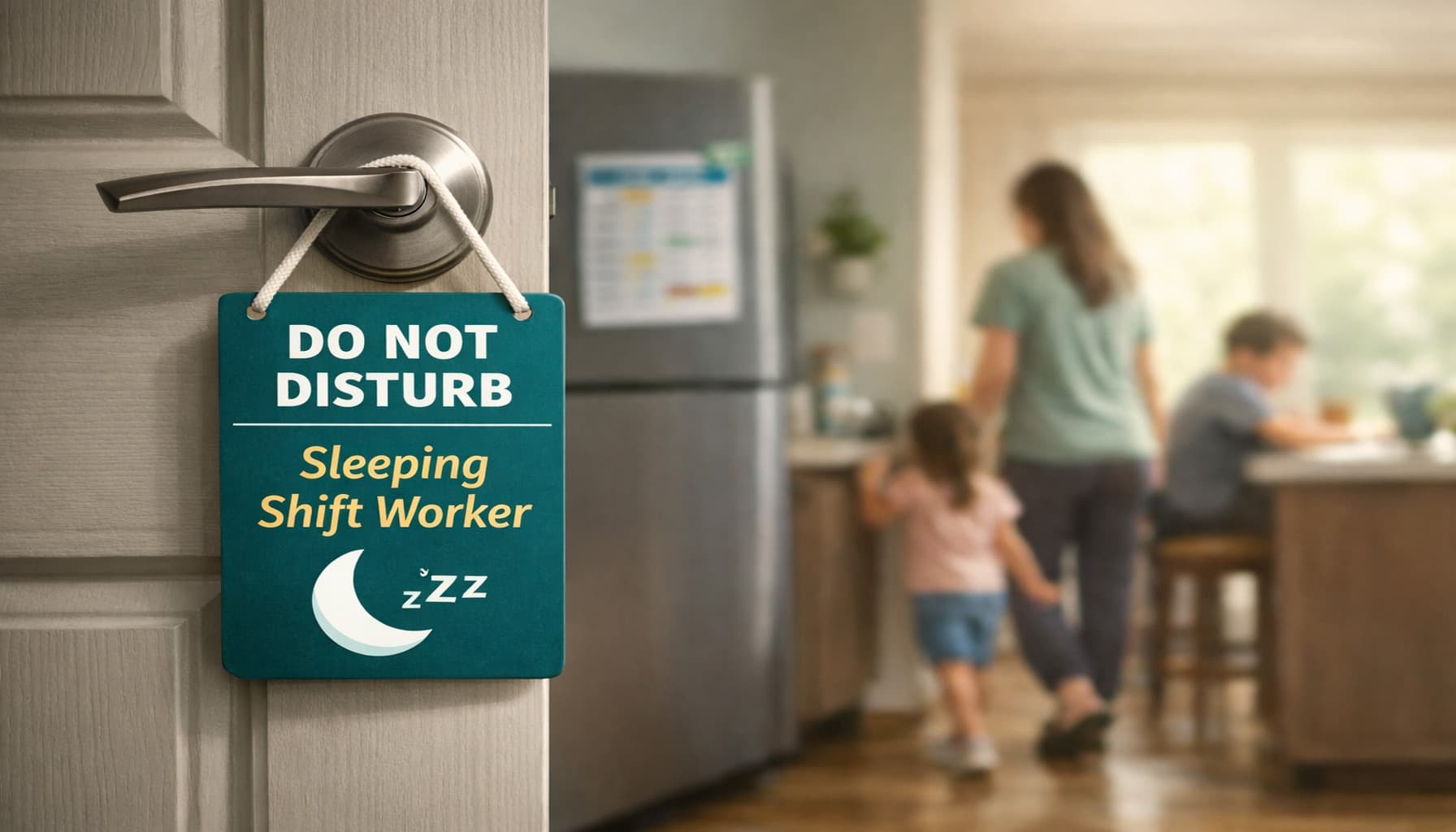 Bedroom door with a sleeping shift worker sign while family members move quietly through a sunlit home.