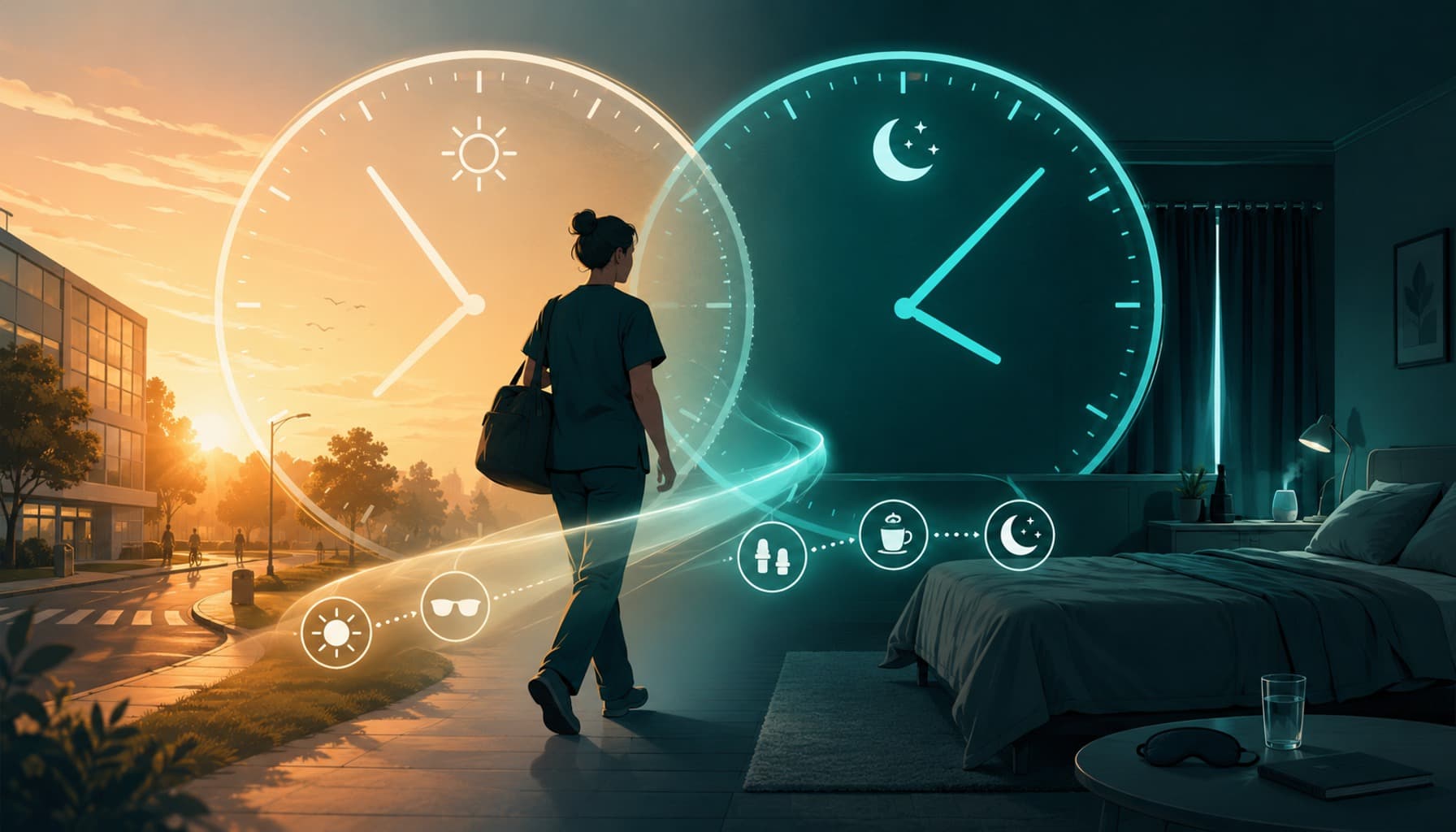 Shift worker walks from sunrise into a dark bedroom between two large clocks, symbolizing circadian realignment.