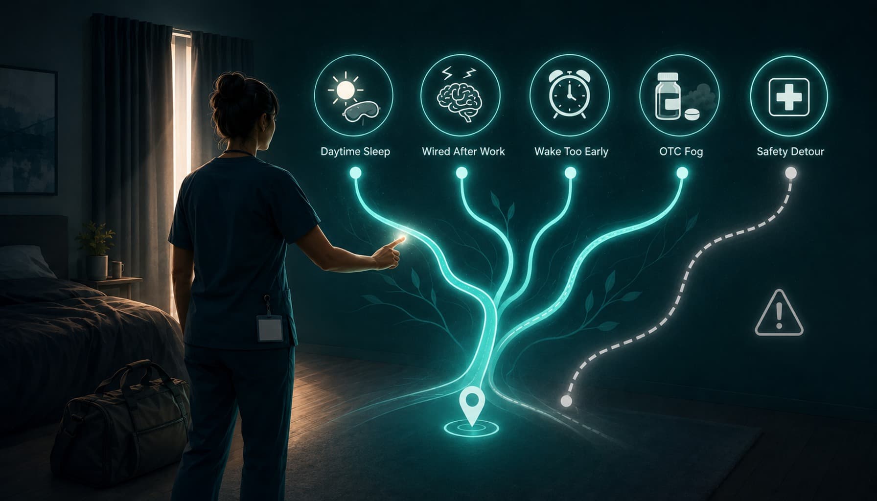 Shift worker in scrubs facing a glowing sleep-pattern map with paths for daytime sleep, OTC fog, and safety detour.