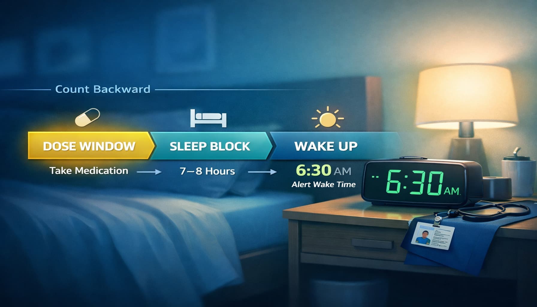 Illustration of counting backward from wake-up time to set a safe sleep medication dose window and full sleep block.