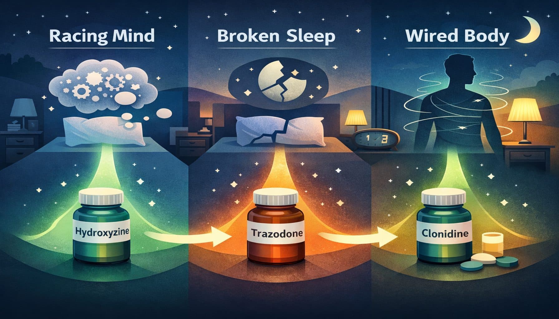 Illustration of three insomnia patterns—racing mind, broken sleep, and wired body—matched to hydroxyzine, trazodone, and clonidine.