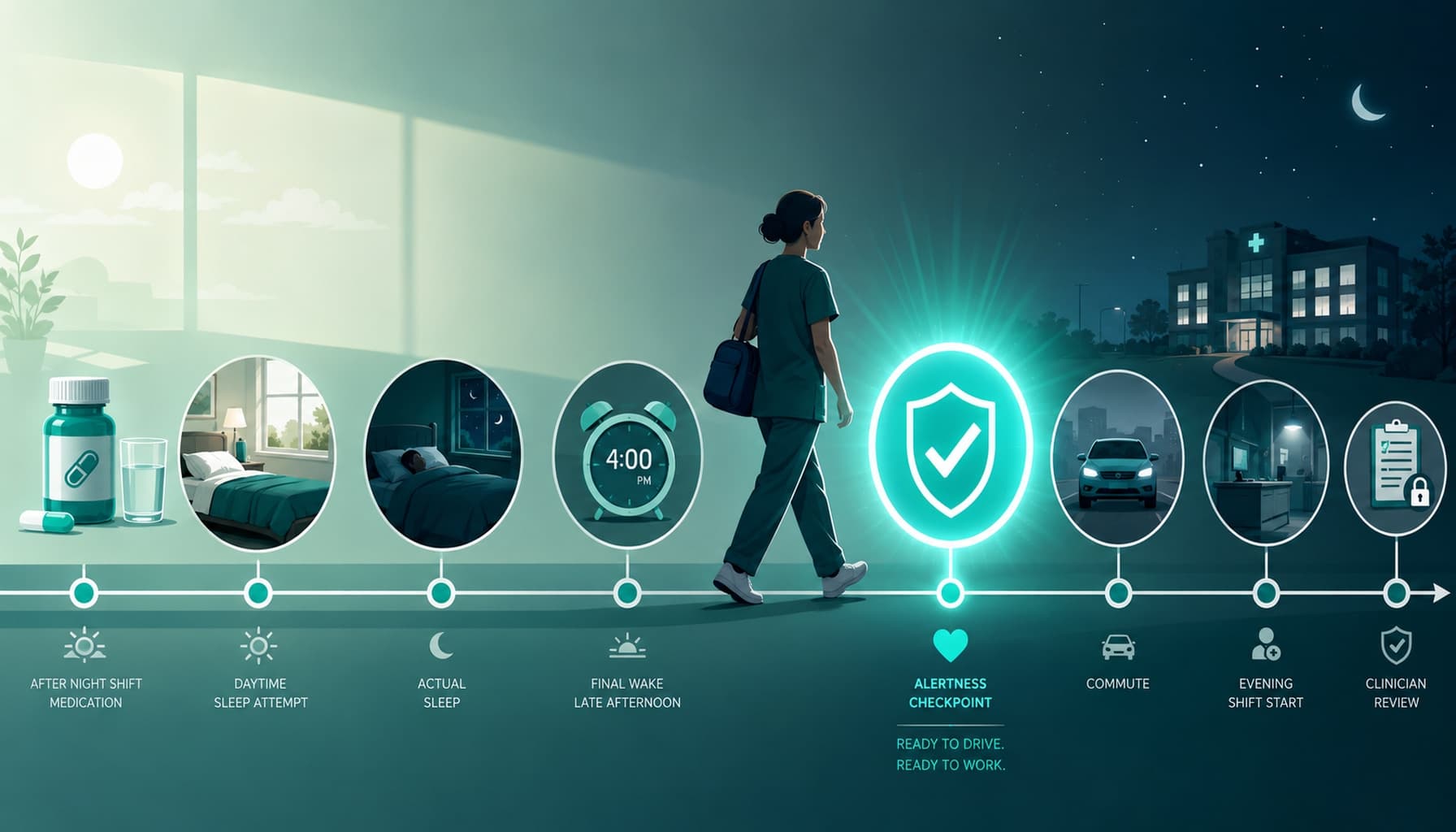 Night-shift worker follows a medication-to-commute timeline with a glowing alertness checkpoint before work.