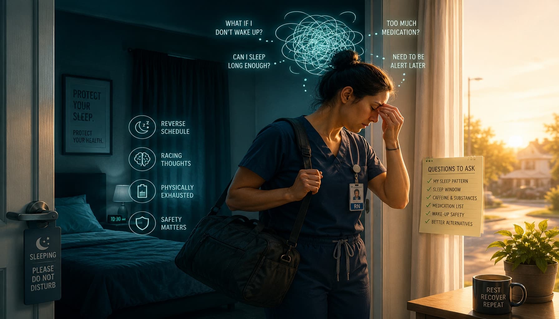 Night shift nurse enters a dark bedroom after sunrise with racing thoughts and a sleep checklist nearby.