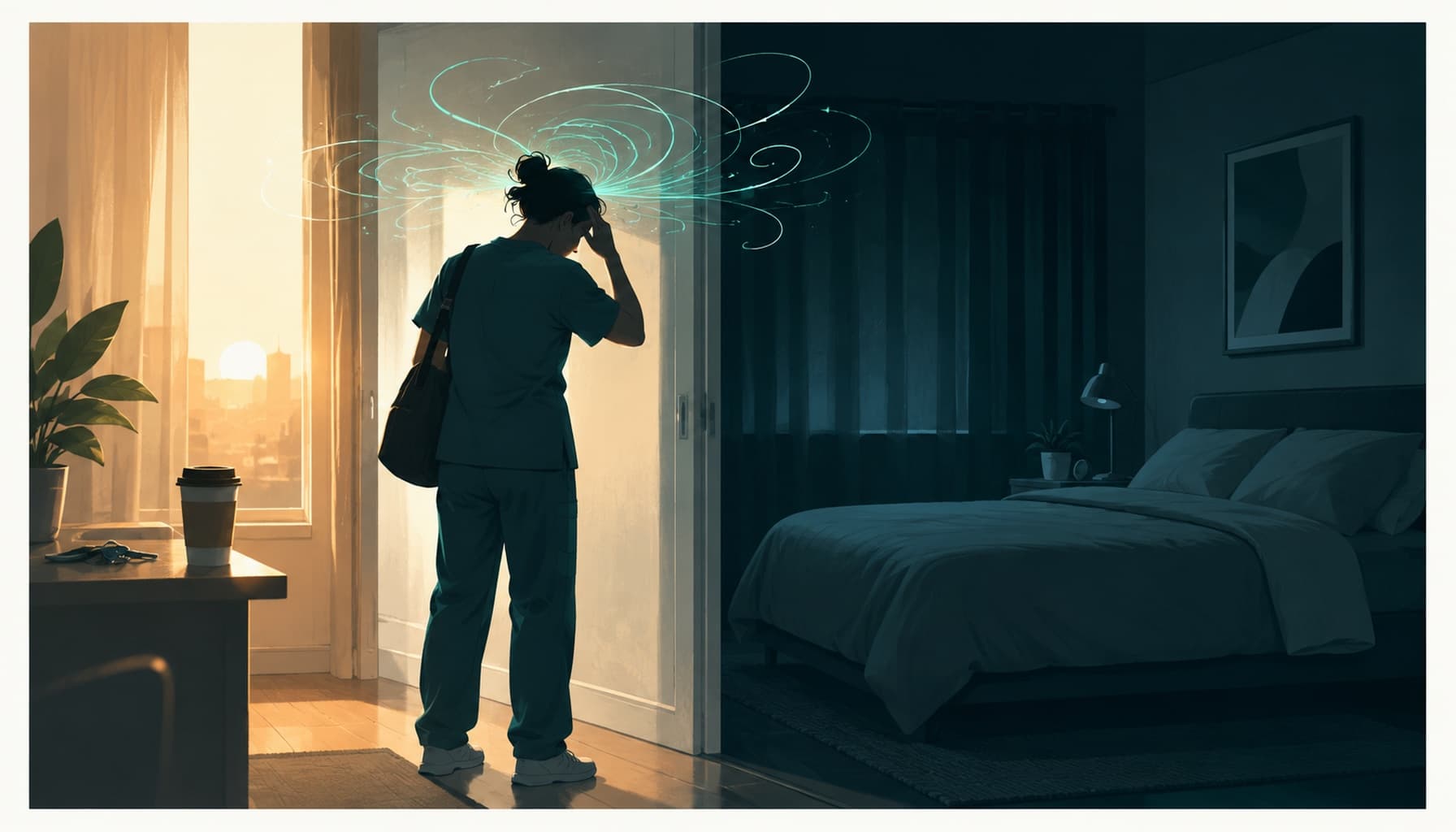 Night shift worker stands between sunrise and a dark bedroom, with glowing swirls showing racing thoughts before sleep.