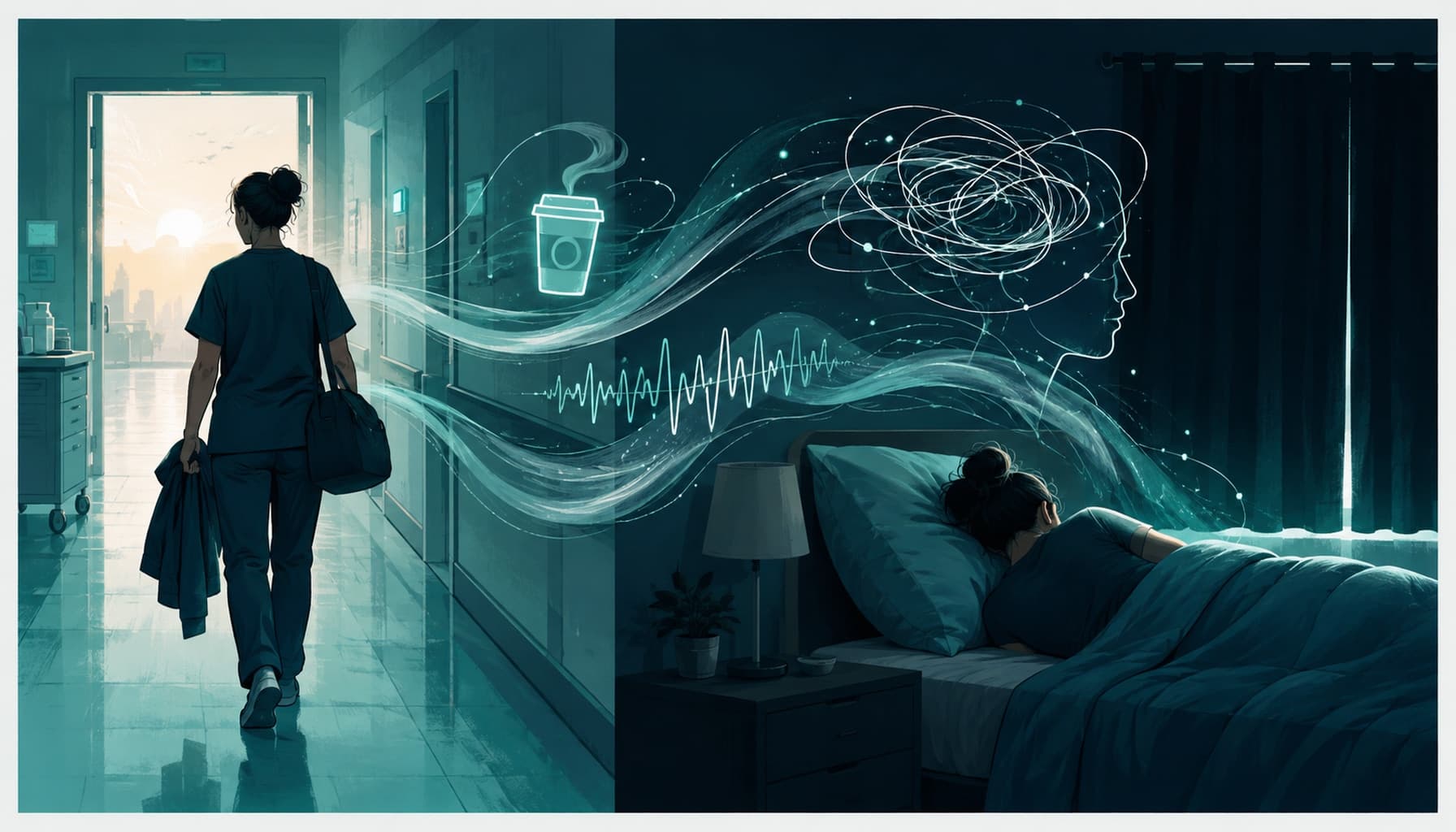 Night shift worker leaves work while caffeine, light, noise, and racing thoughts follow into a dark bedroom.