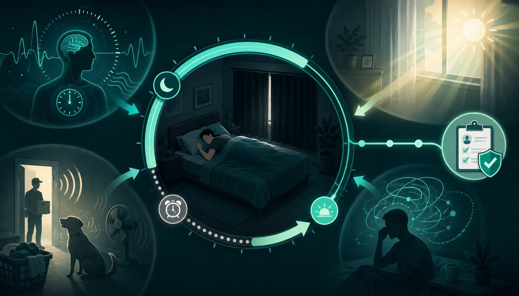 Night-shift worker sleeping inside a daytime sleep map surrounded by light, noise, body-clock, and racing-thought triggers.