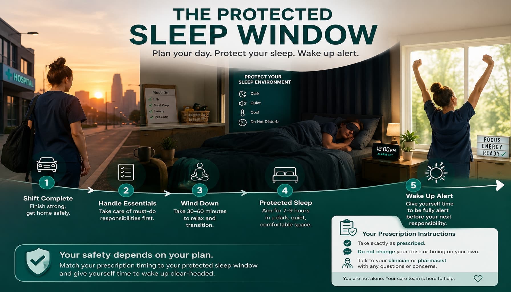 Night-shift nurse follows a protected daytime sleep routine from safe commute and wind-down to waking alert.