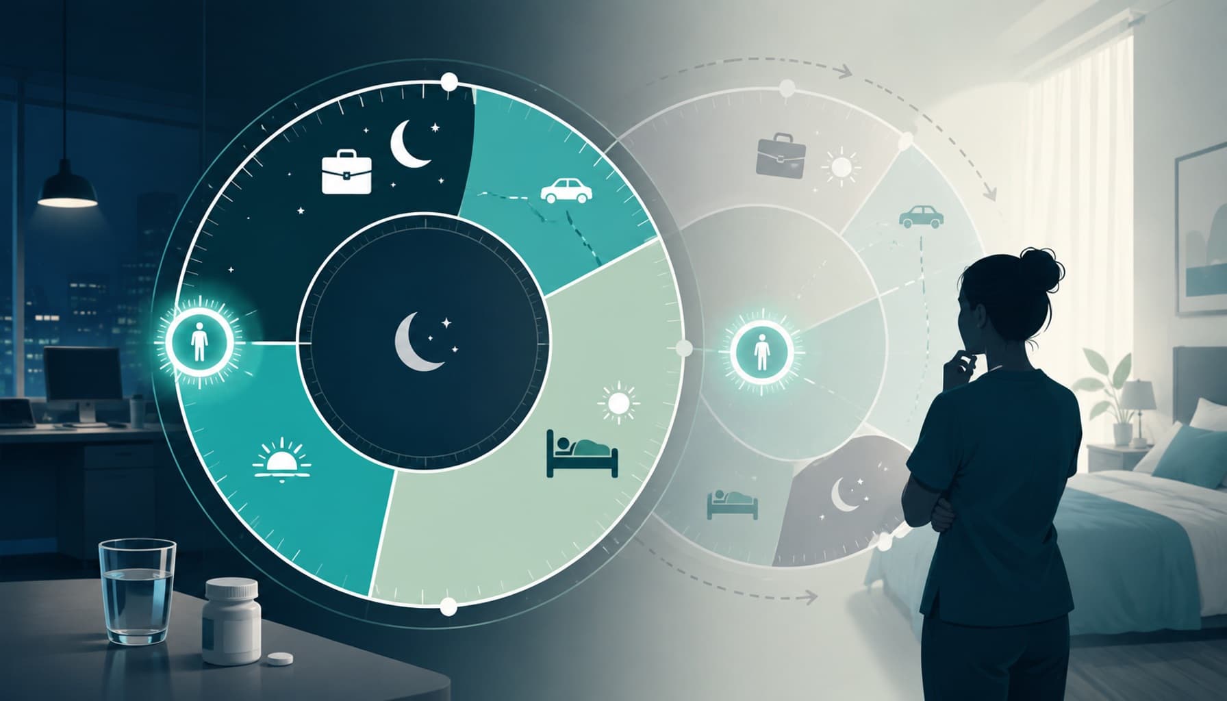 Rotating shift worker reviews overlapping sleep, work, commute, and alertness timelines beside a daytime bedroom.