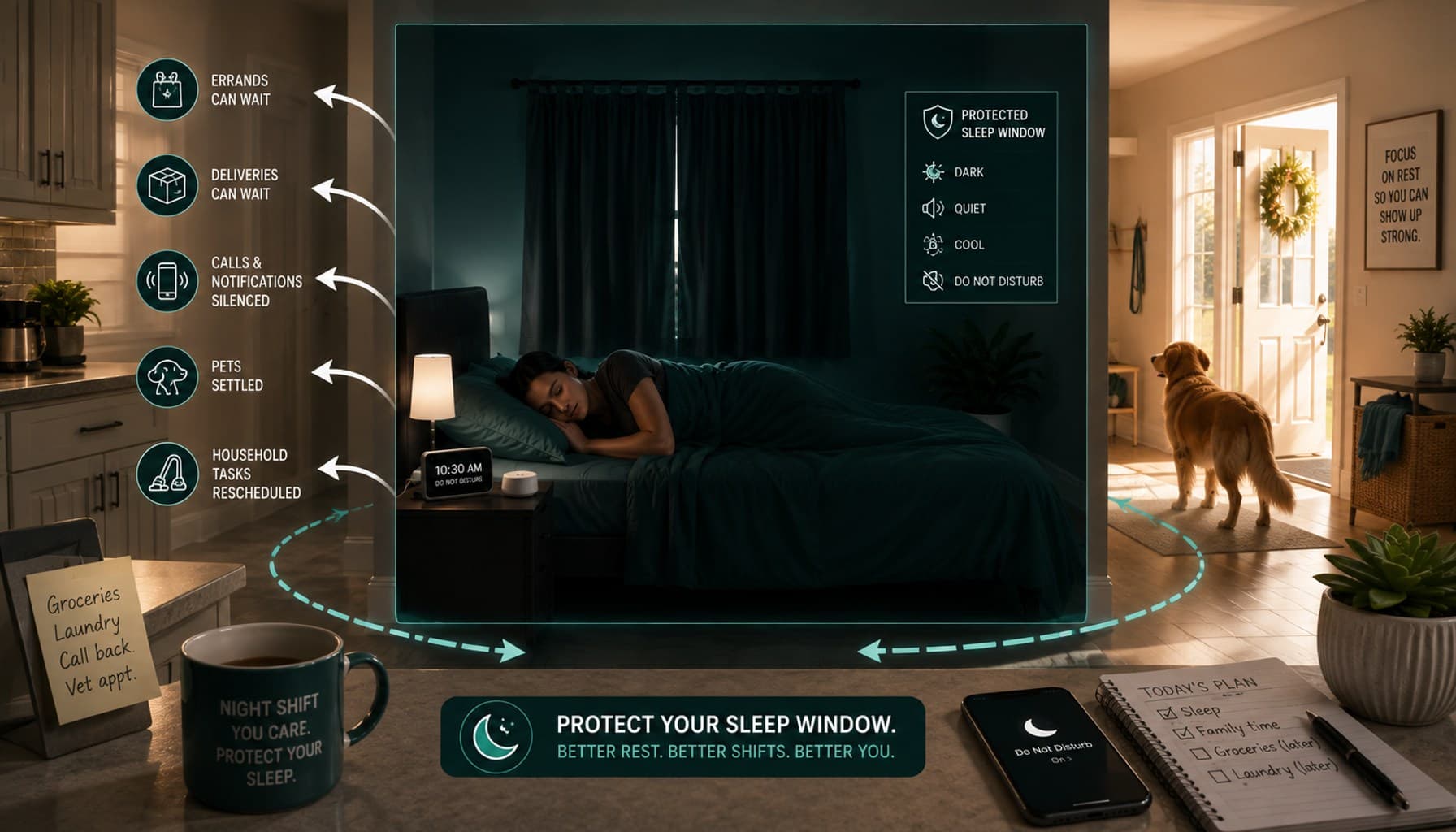 Night-shift worker sleeping in a dark room while errands, calls, pets, and daylight remain outside the protected sleep zone.