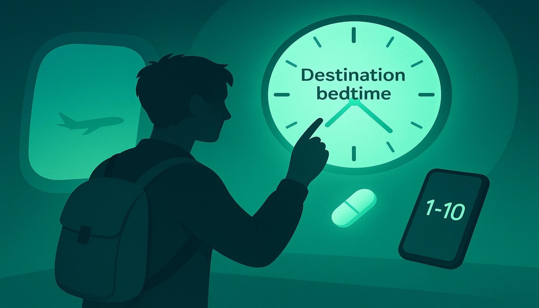 Silhouette traveler in an airplane touching a glowing “Destination bedtime” clock, with a pill and smartphone showing a 1–10 clarity score.