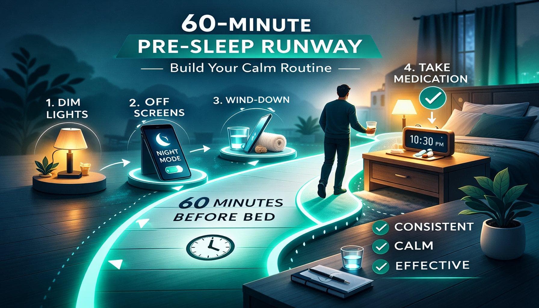 Glowing 60-minute runway in a bedroom leading to bedside with phone night-mode, dim lights, brushing teeth, and medication.