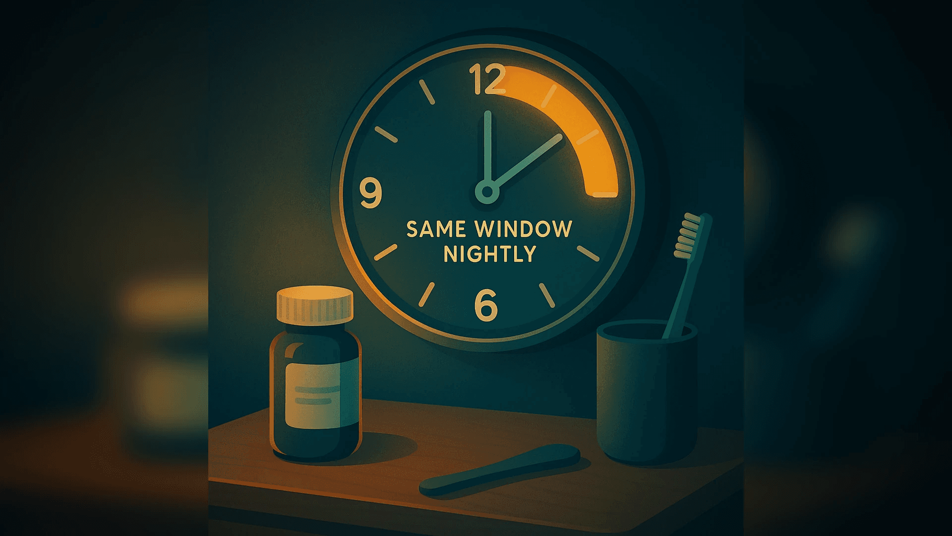 Stylized bedside clock with a glowing timing arc behind a pill bottle and toothbrush cue, showing the same window nightly.