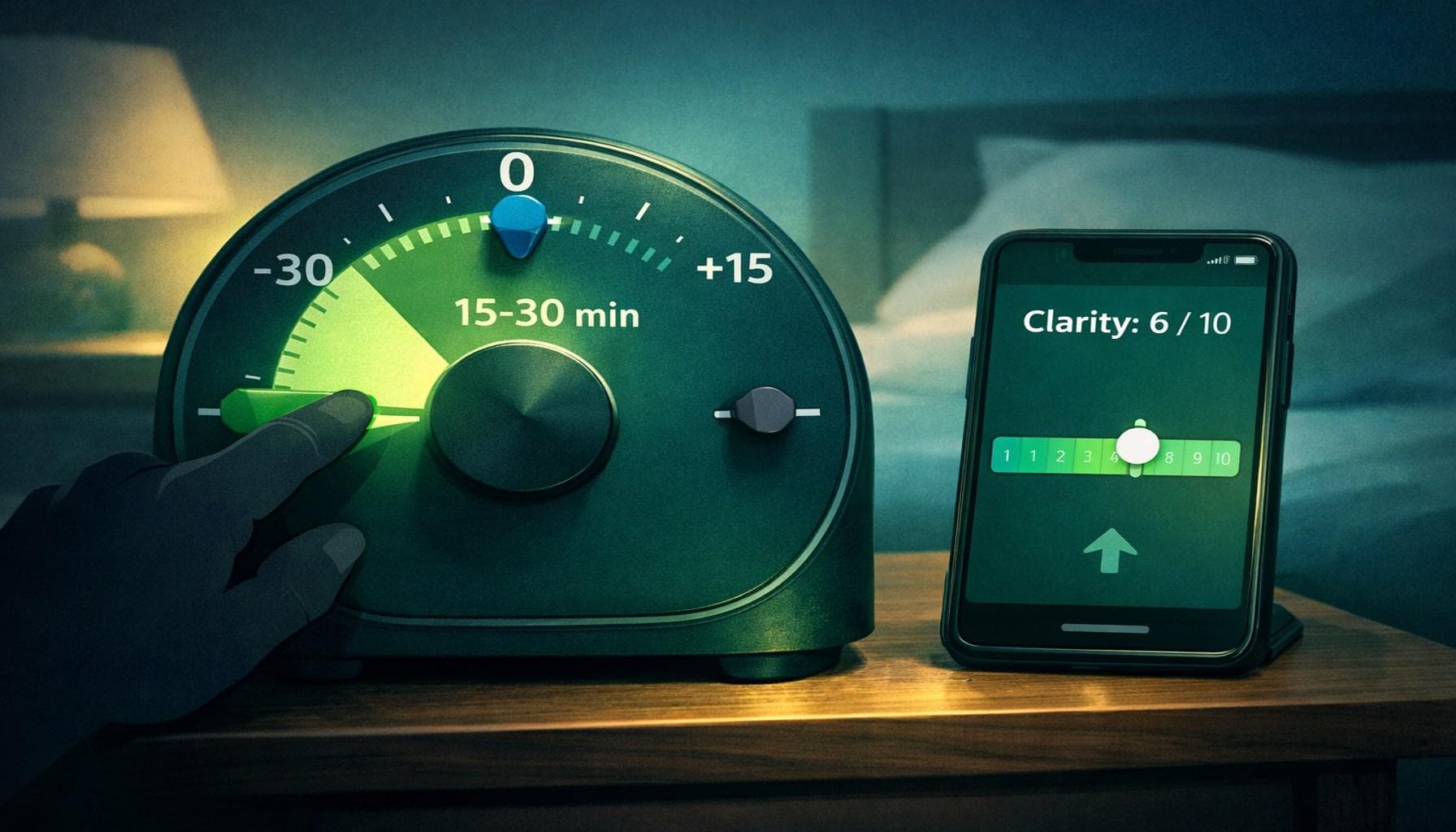 Stylized bedside timing dial highlighting a 15–30 minute segment with a smartphone showing “Clarity: 6/10.