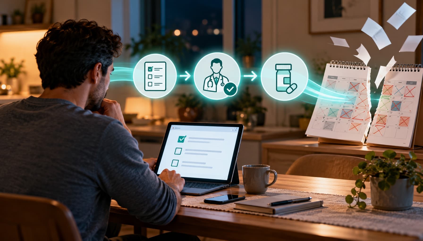 Adult completes an online sleep questionnaire at night as a physician-review pathway bypasses a crowded appointment calendar.
