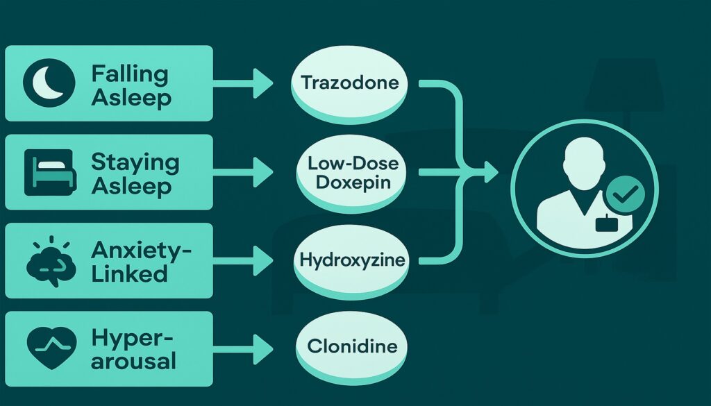 Decision-flow infographic matching sleep symptoms to non-addictive medications with physician approval badge.
