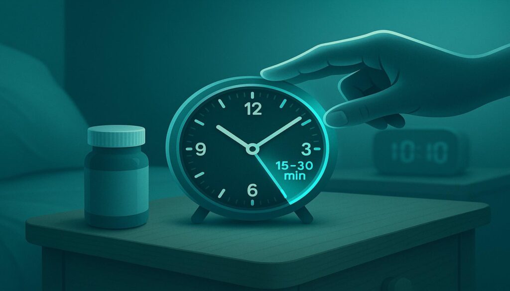 Stylized bedside clock highlighted “15–30 min” as a hand nudges it earlier beside a pill bottle, suggesting a timing tweak.
