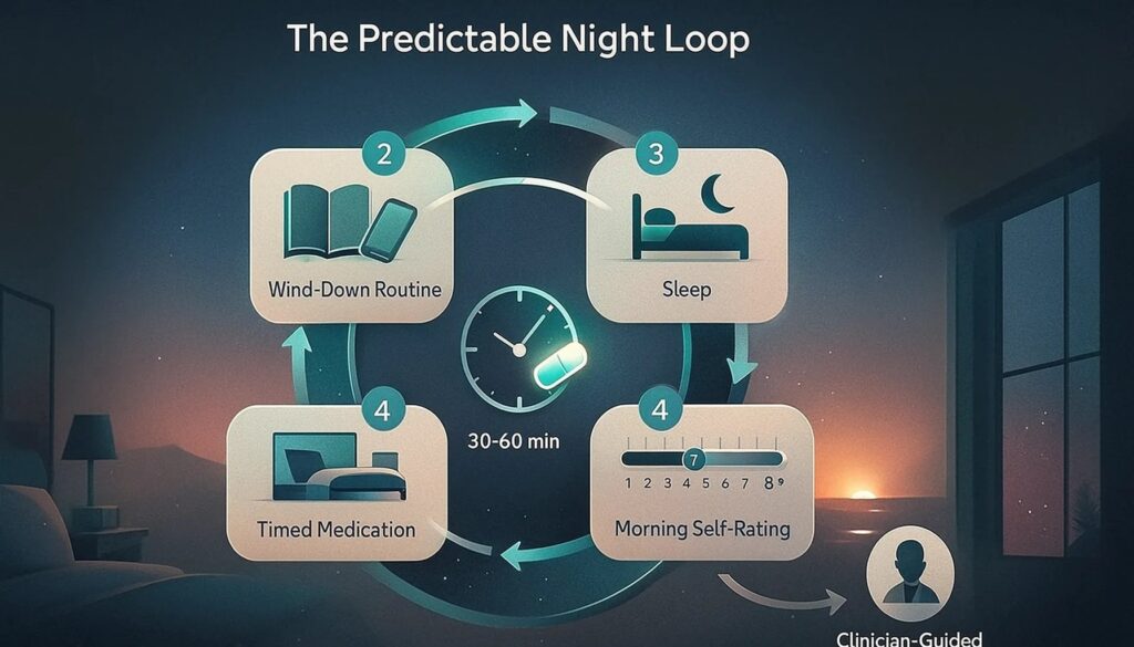 Stylized circular loop showing wind-down, timed medication, sleep, and morning self-rating for predictable nights.
