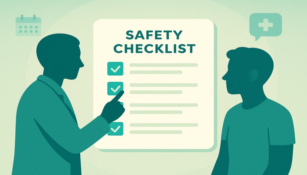 Stylized illustration of a clinician verifying a floating telehealth safety checklist with calendar and portal icons.