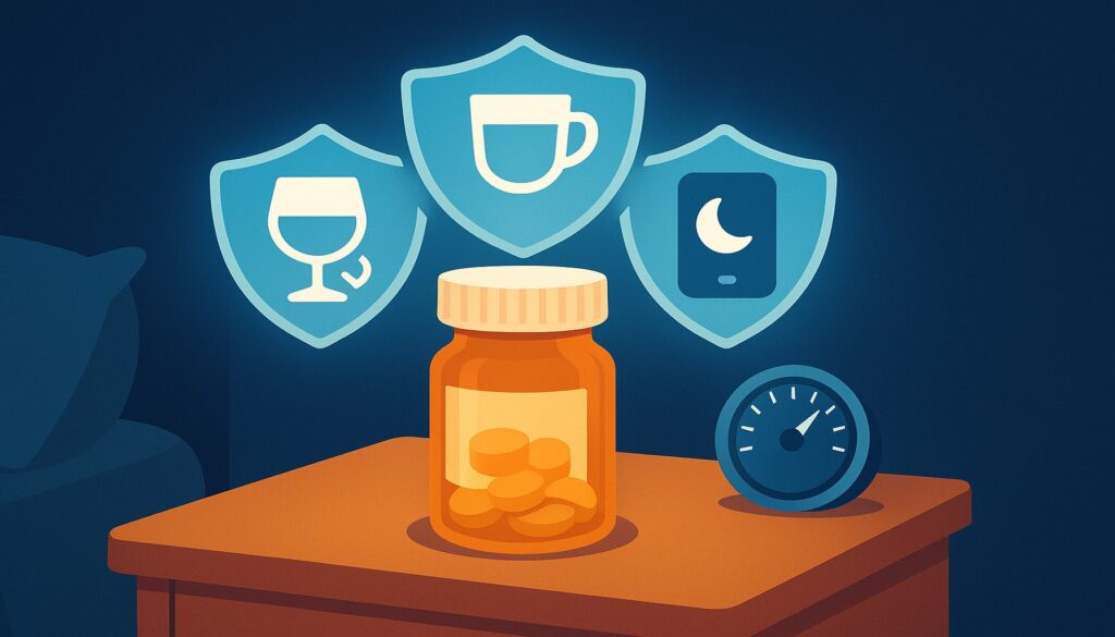 Bedside illustration: pill bottle protected by three icons (alcohol clock, coffee cutoff, phone moon) and a clarity gauge.