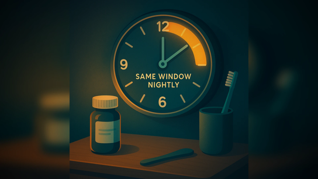 Stylized bedside clock with a glowing timing arc behind a pill bottle and toothbrush cue, showing the same window nightly.