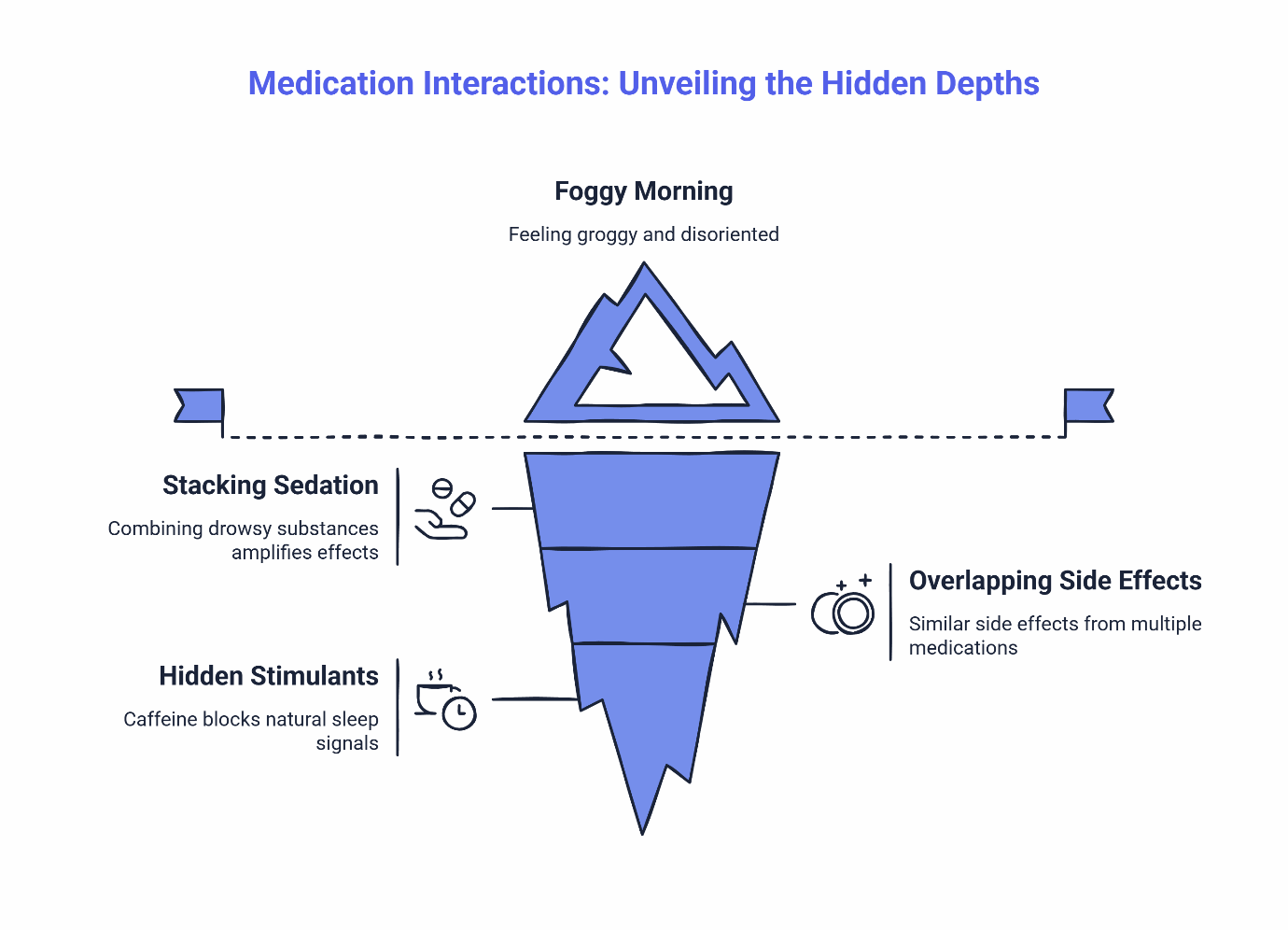 Iceberg diagram showing medication interactions: foggy morning above water, with stacking sedation, overlapping side effects, and hidden stimulants below the surface.