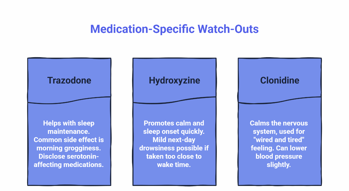 Three medication watch-outs for sleep treatment: Trazodone for sleep maintenance with morning grogginess risk, Hydroxyzine for calm sleep onset with timing considerations, and Clonidine for nervous system calming with blood pressure effects.