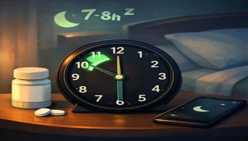 Stylized bedside illustration of a clock highlighting a glowing 30-minute dosing window, pill bottle and phone in night mode.