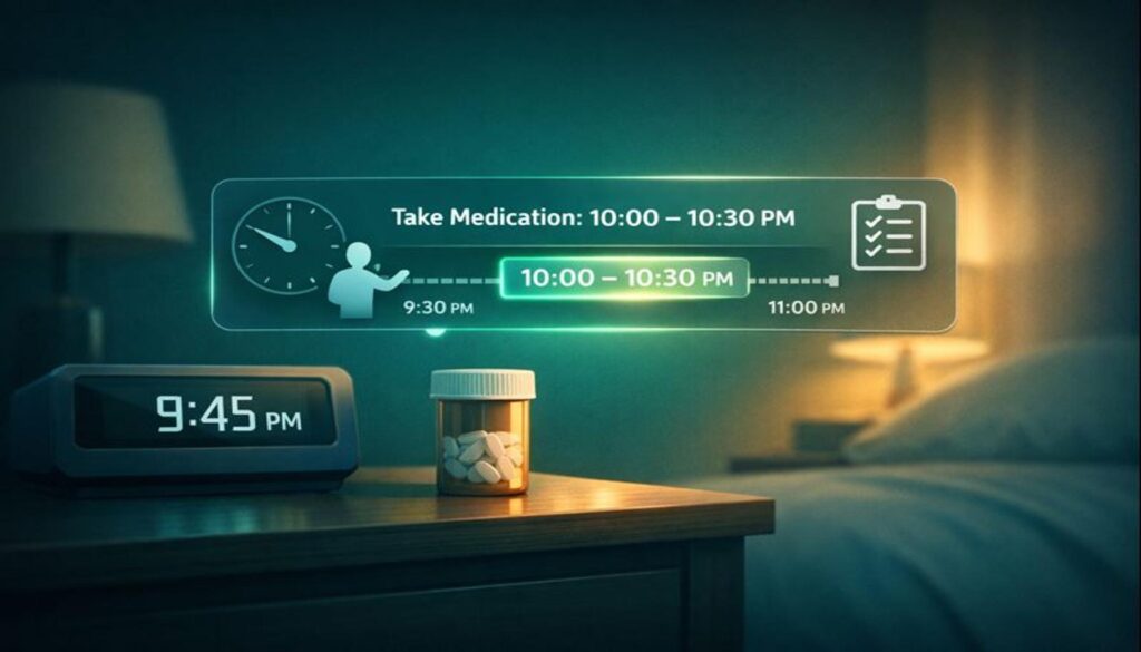 Bedside with alarm (9:45 PM), pill bottle, and glowing timing slider labeled 10:00–10:30 PM — clinician-set dosing visual.