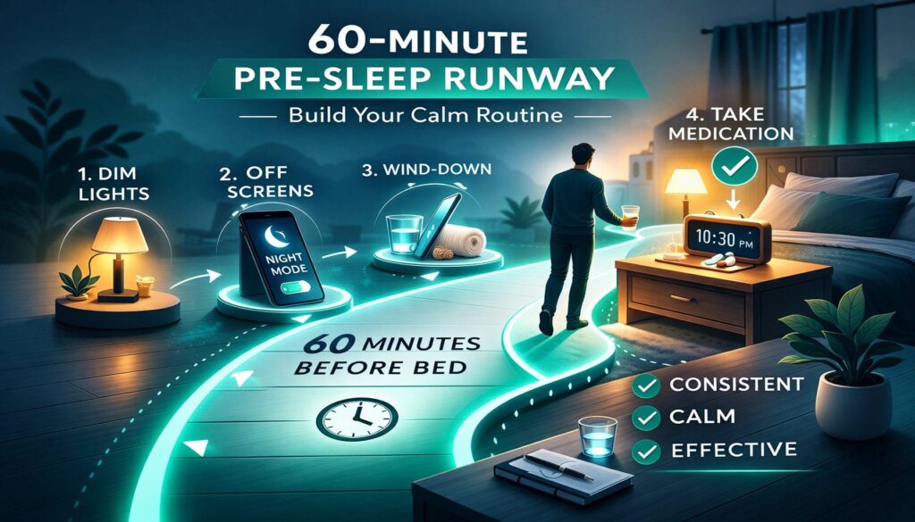Glowing 60-minute runway in a bedroom leading to bedside with phone night-mode, dim lights, brushing teeth, and medication.