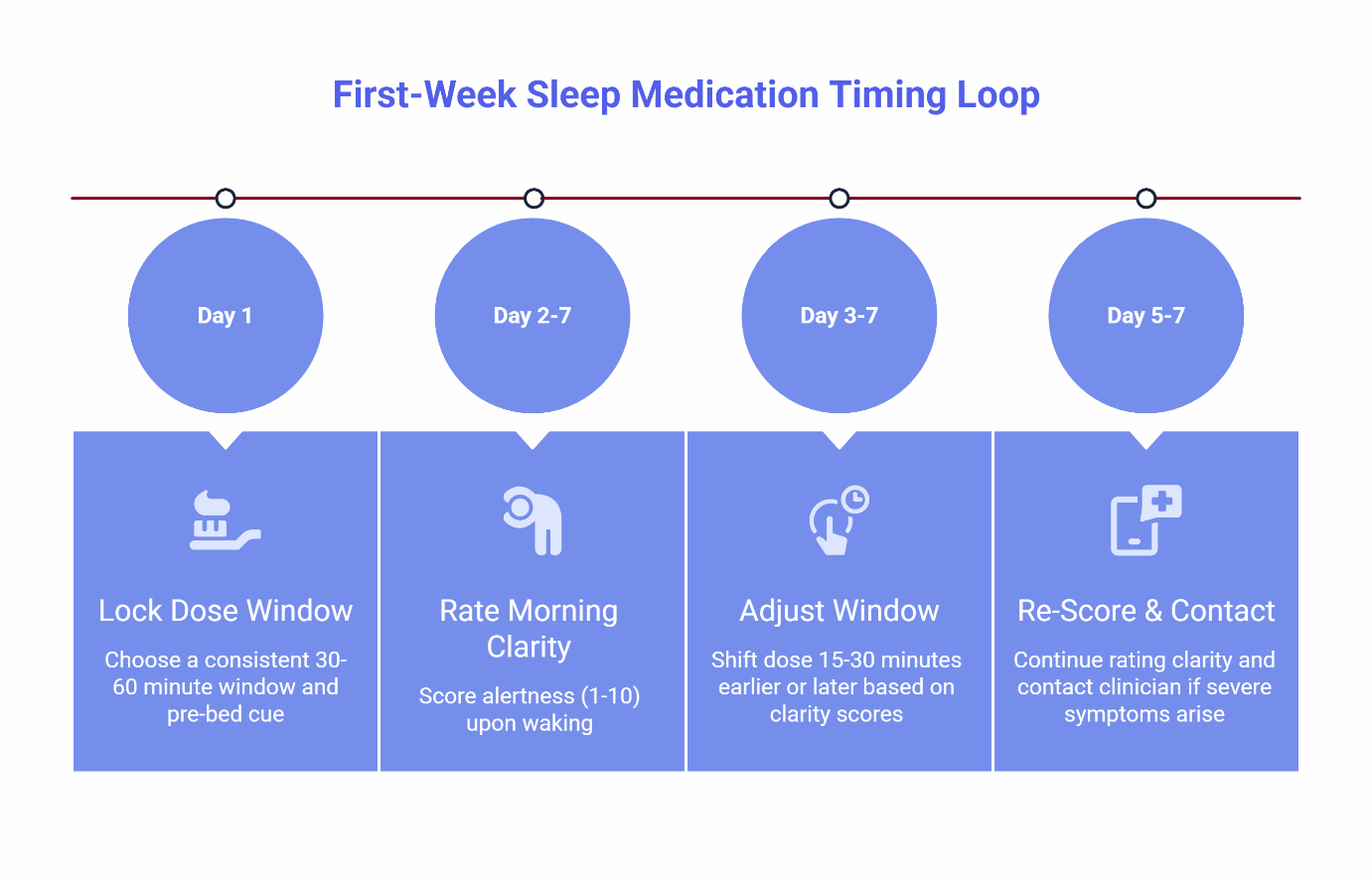 First-week sleep medication timing loop: Day 1 lock dose window, Days 2-7 rate morning clarity 1-10 scale, Days 3-7 adjust timing by 15-30 minutes, Days 5-7 re-score clarity and contact clinician for severe symptoms.