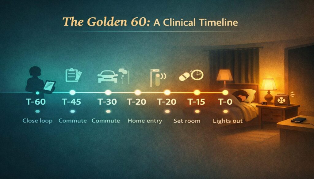 Stylized timeline from clock-out to lights-out showing a nurse’s 60-minute downshift.