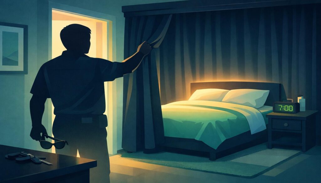 Night-shift *worker closes blackout curtains, sunglasses in hand; glowing bed signals a protected first sleep.*