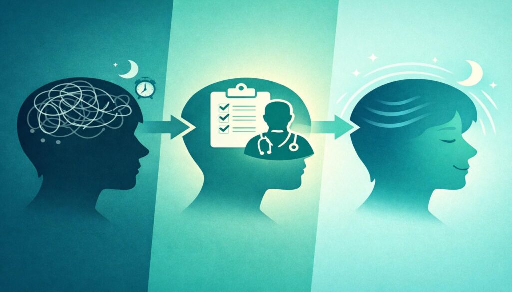 Three-panel illustration: restless mind → clinician checklist → calm sleeping head, showing telehealth-led non-addictive sleep care.