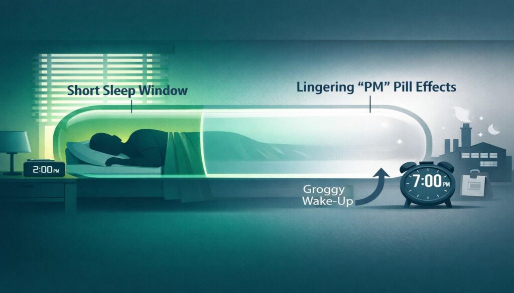 Timeline infographic: short daytime sleep overlapped by lingering “PM” pill effect, causing a groggy wake-up.