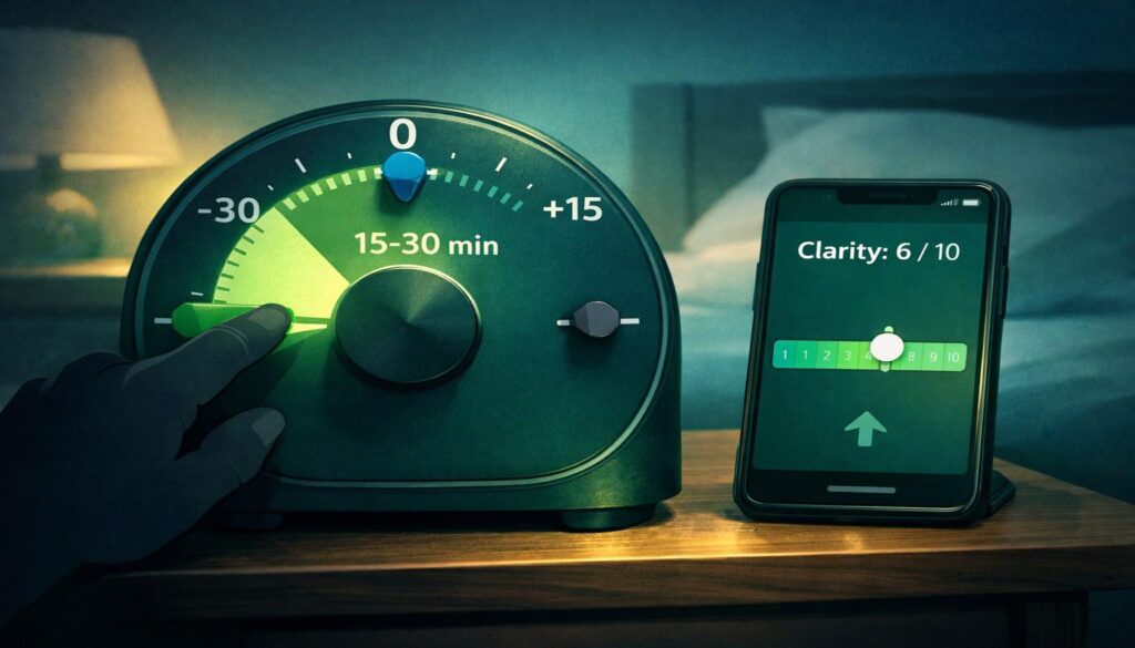 Stylized bedside timing dial highlighting a 15–30 minute segment with a smartphone showing “Clarity: 6/10.