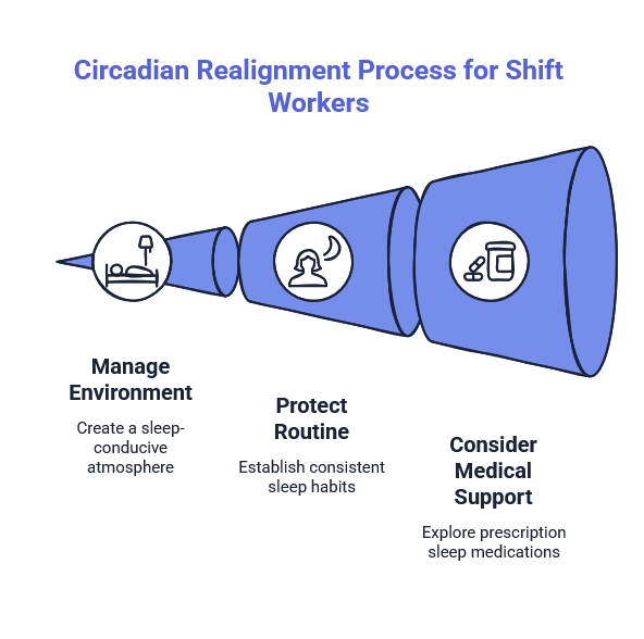 Circadian realignment process for shift workers showing environment management, routine protection, and medical support for better daytime sleep.
