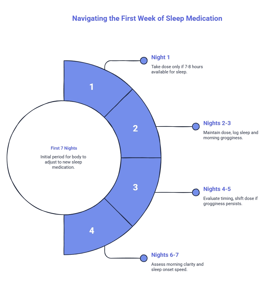 Diagram showing the first 7 nights of sleep medication use, with guidance for Night 1, Nights 2–3, Nights 4–5, and Nights 6–7 to monitor dose timing and grogginess.
