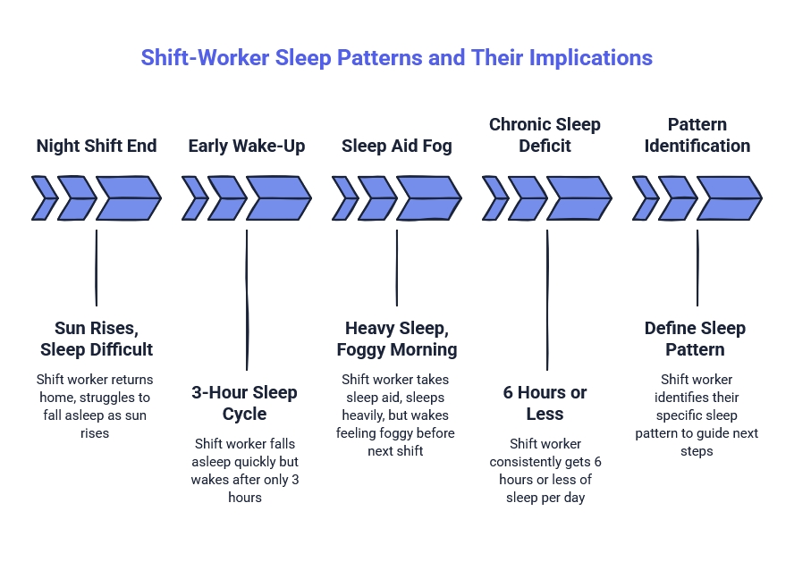 Shift-worker sleep pattern chart showing night shift end, early wake-up, sleep aid fog, chronic sleep deficit, and pattern identification steps.