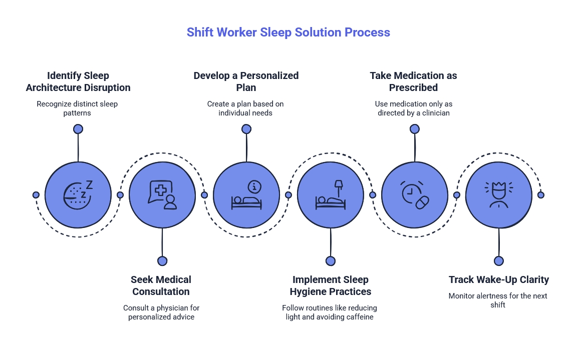 Shift worker sleep solution process showing steps to identify disrupted sleep, seek medical help, build a plan, improve habits, take medication, and track clarity.