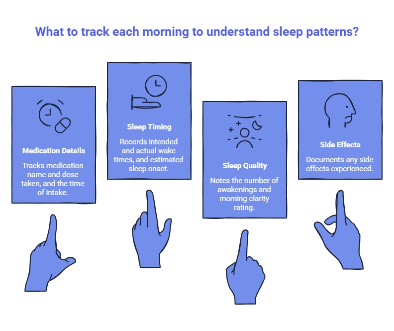 Infographic showing four morning sleep-tracking categories: medication details, sleep timing, sleep quality, and side effects, each displayed in a blue card with icons.